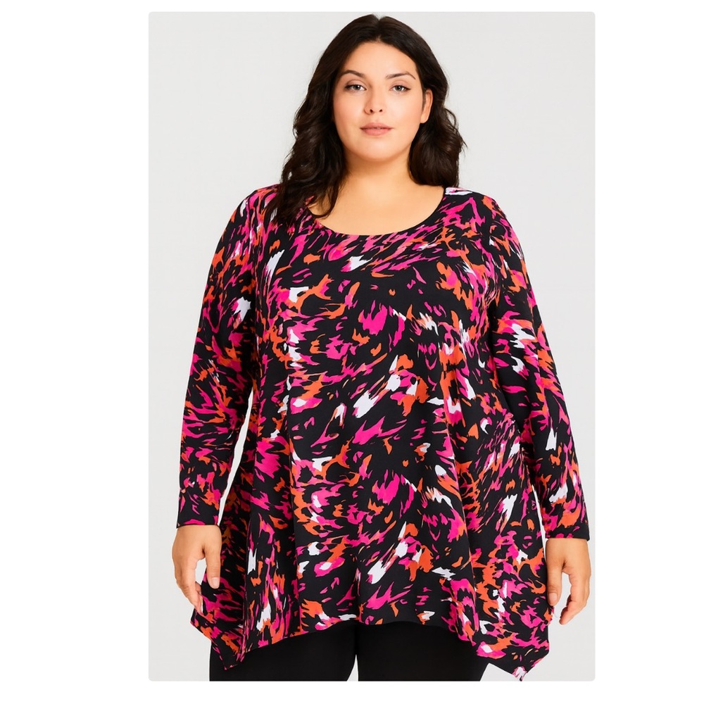 Ulla Popken Tunic Woman 36/38 Geometric Print Stretch Round Neck 3/4 Sleeve